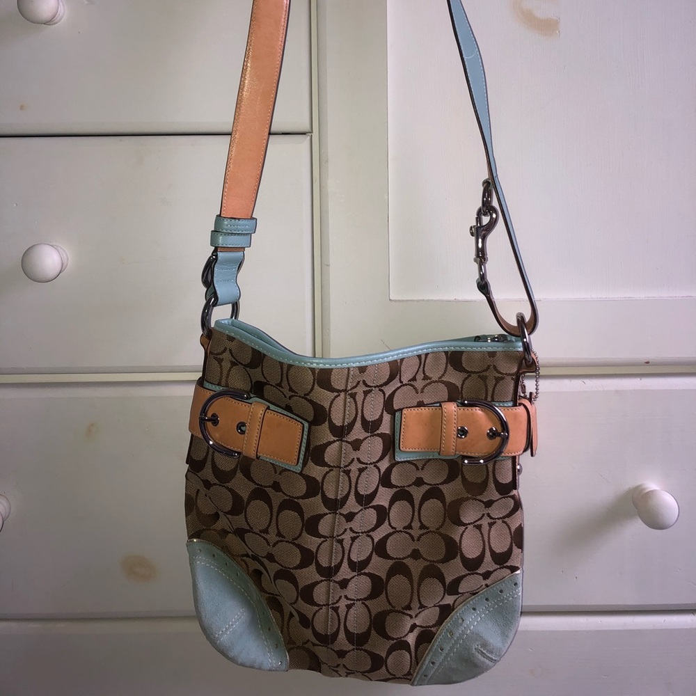Light blue/tan/brown Coach purse w/ long strap